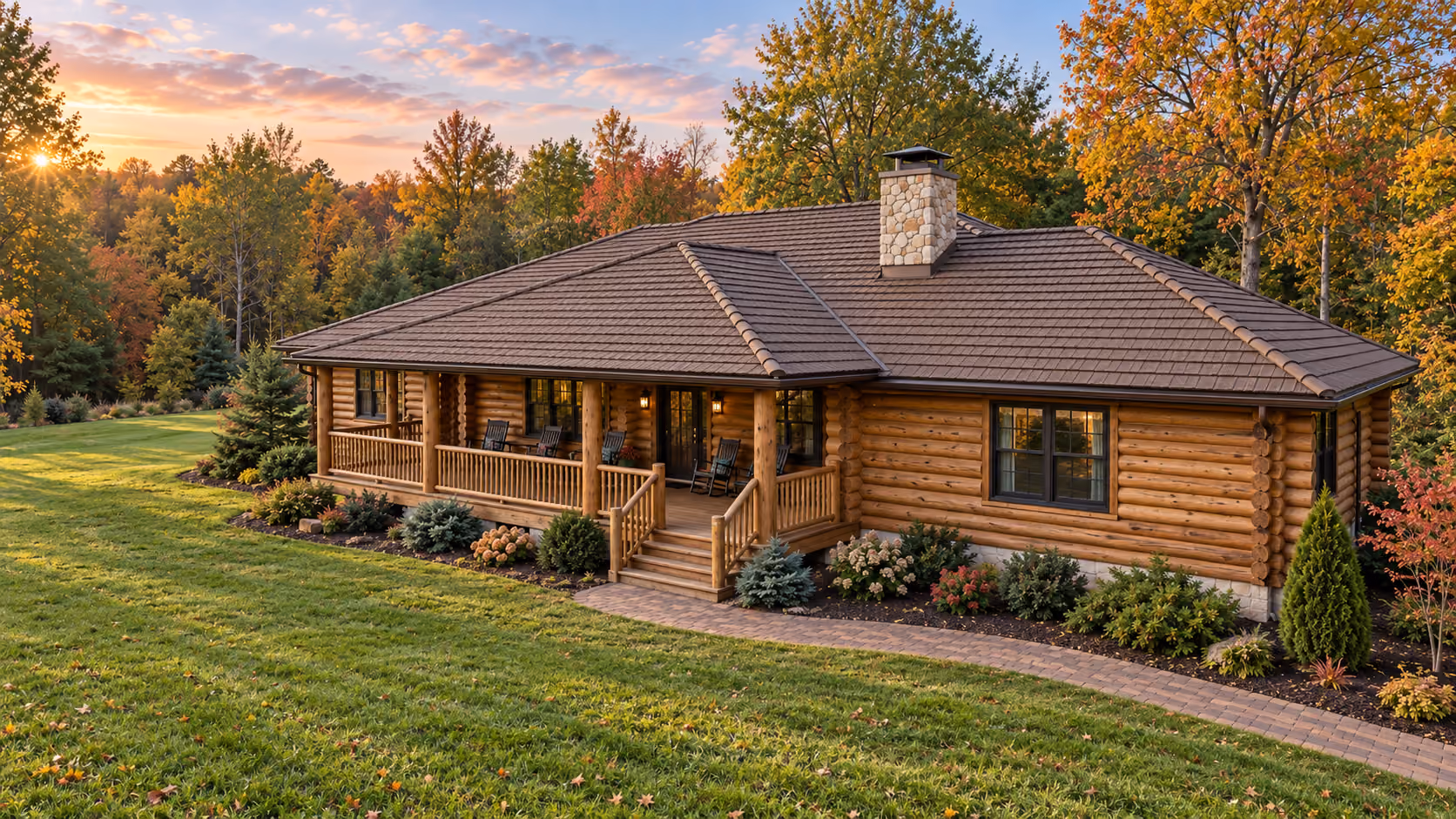 Log home with a brown stone-coated steel shingle roof and wraparound porch at sunset
