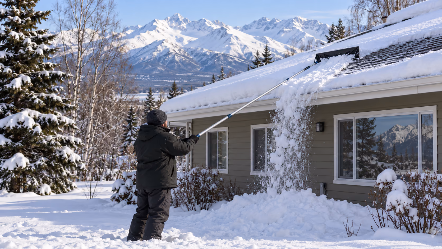 Homeowner using a long-handled roof rake to pull snow off a roof edge from the ground, mountains behind