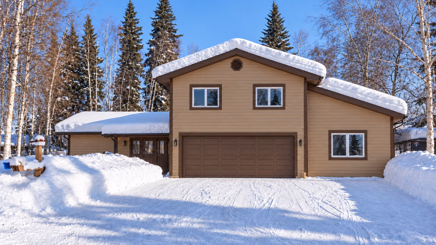 Fairbanks home with a heavy snow load on the roof, birch and spruce behind