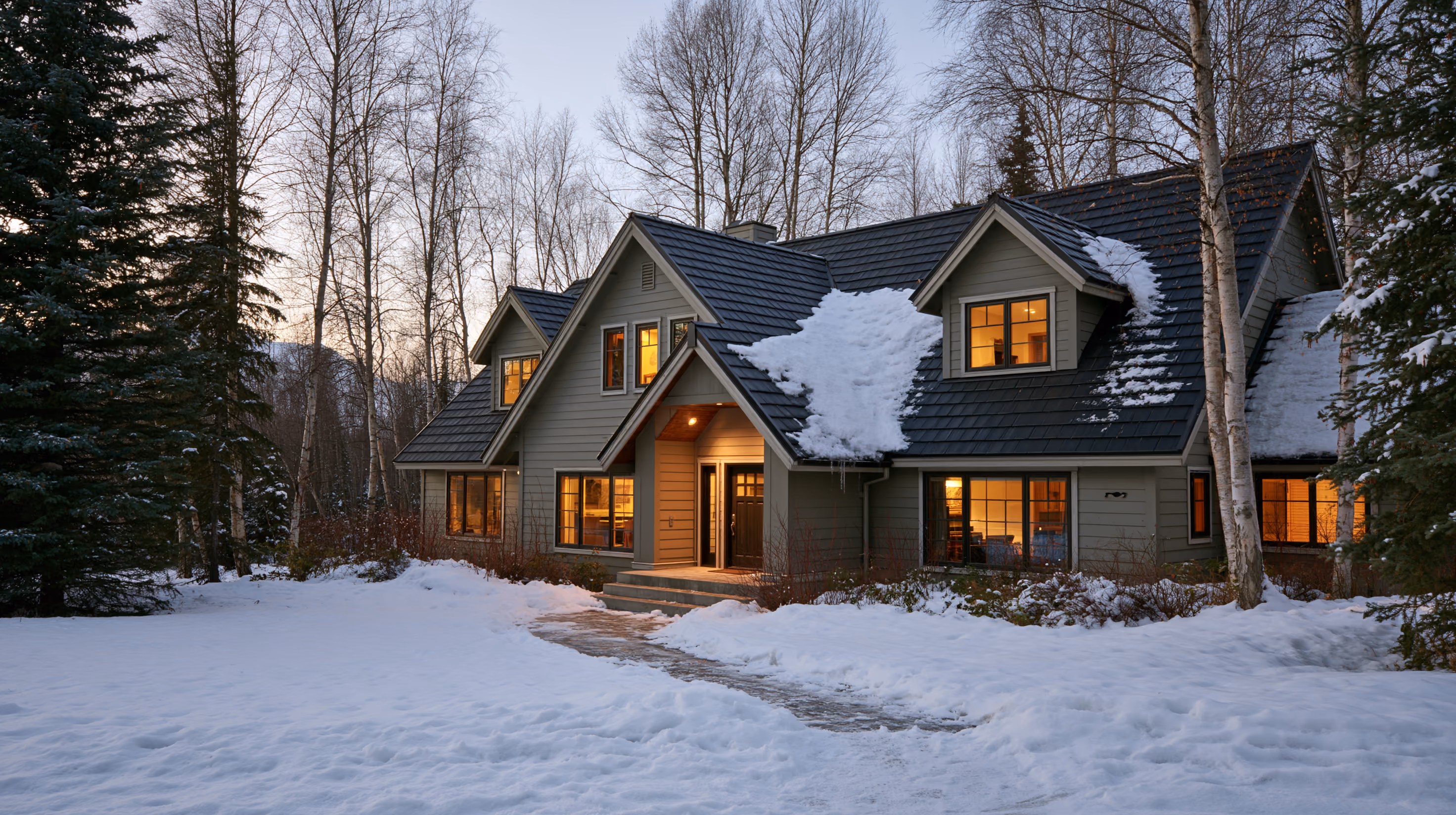Home with a dark metal shingle roof holding patches of snow at dusk, birch and spruce around it, Palmer