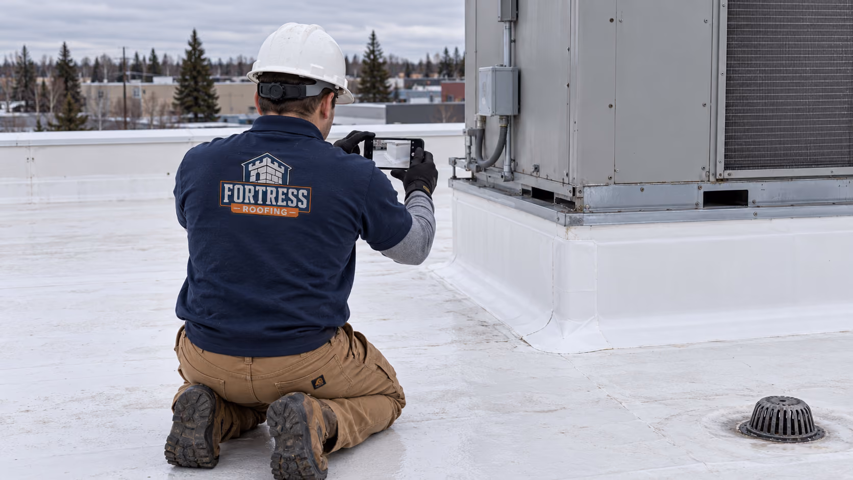 Fortress Roofing roofer kneeling on a flat roof, photographing the curb flashing at a rooftop unit near a drain