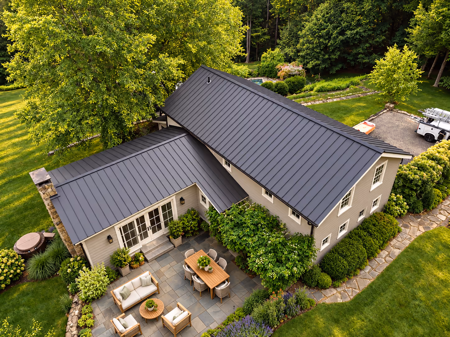 Aerial view of a standing seam metal roof