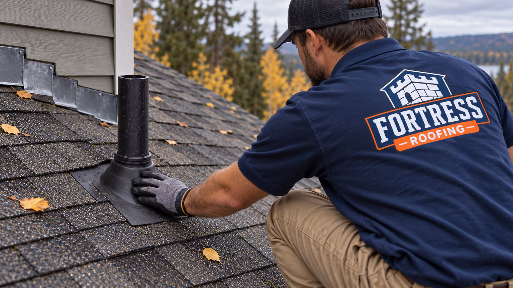 Fortress roofer checking a pipe boot and step flashing on a shingle roof in fall