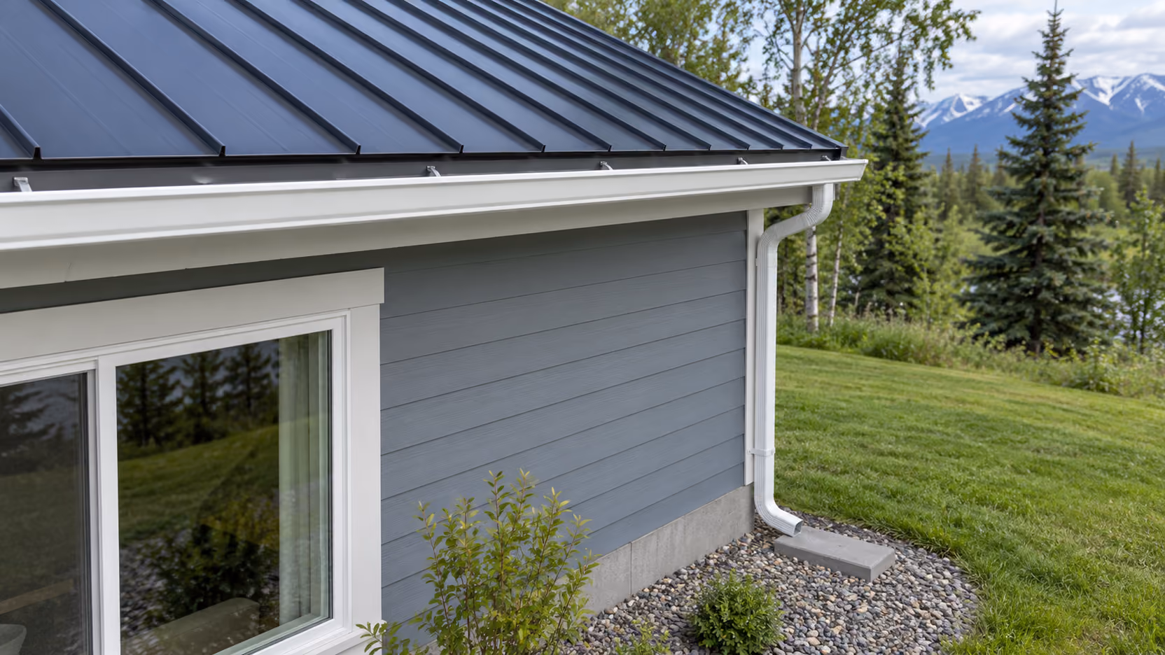 New white seamless gutter and downspout under a finished standing seam metal roof, Wasilla