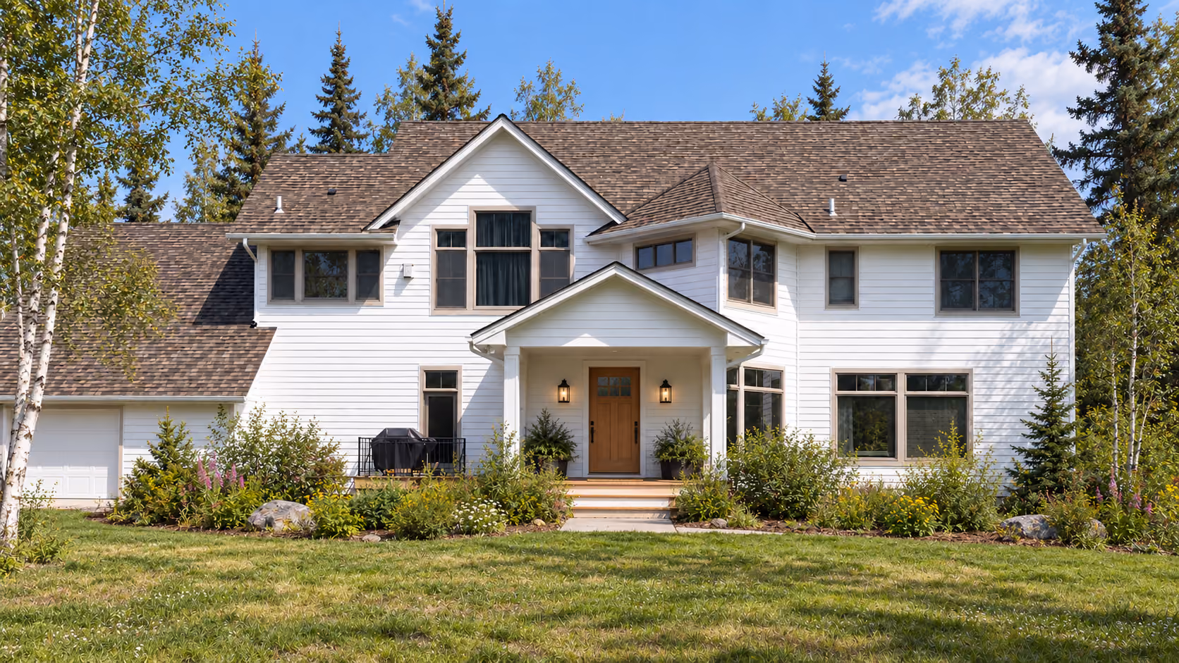 White two-story home with a brown shingle-style roof, birch and spruce around it, summer