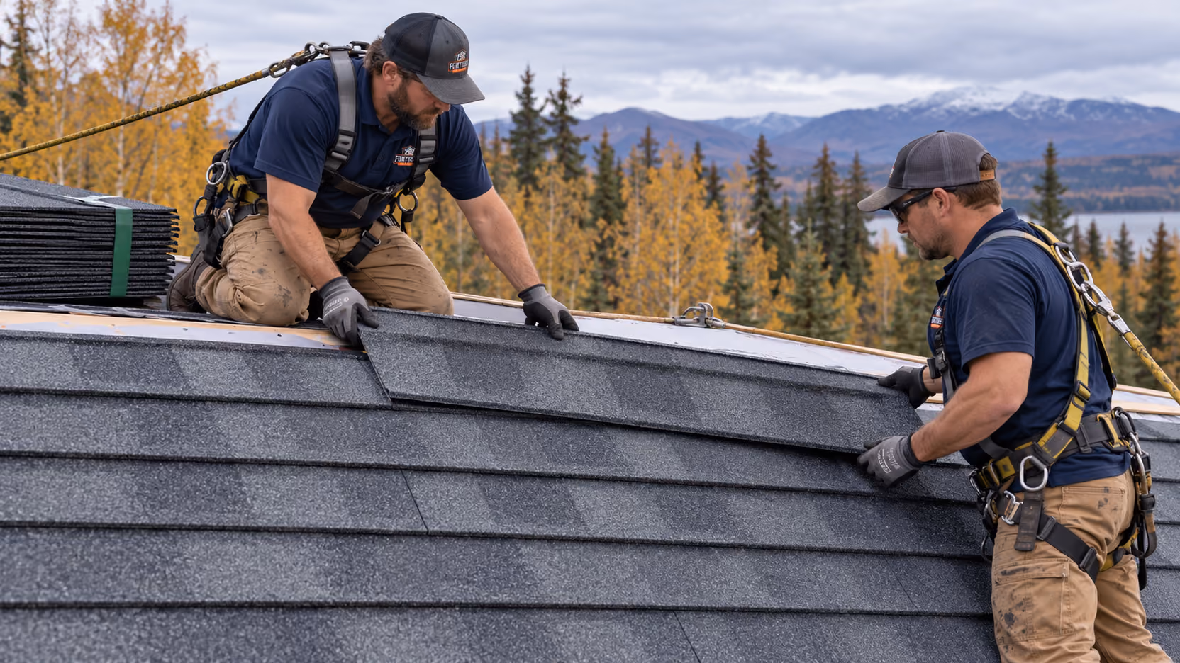 Two Fortress roofers in fall protection setting stone-coated steel panels near the ridge, Wasilla