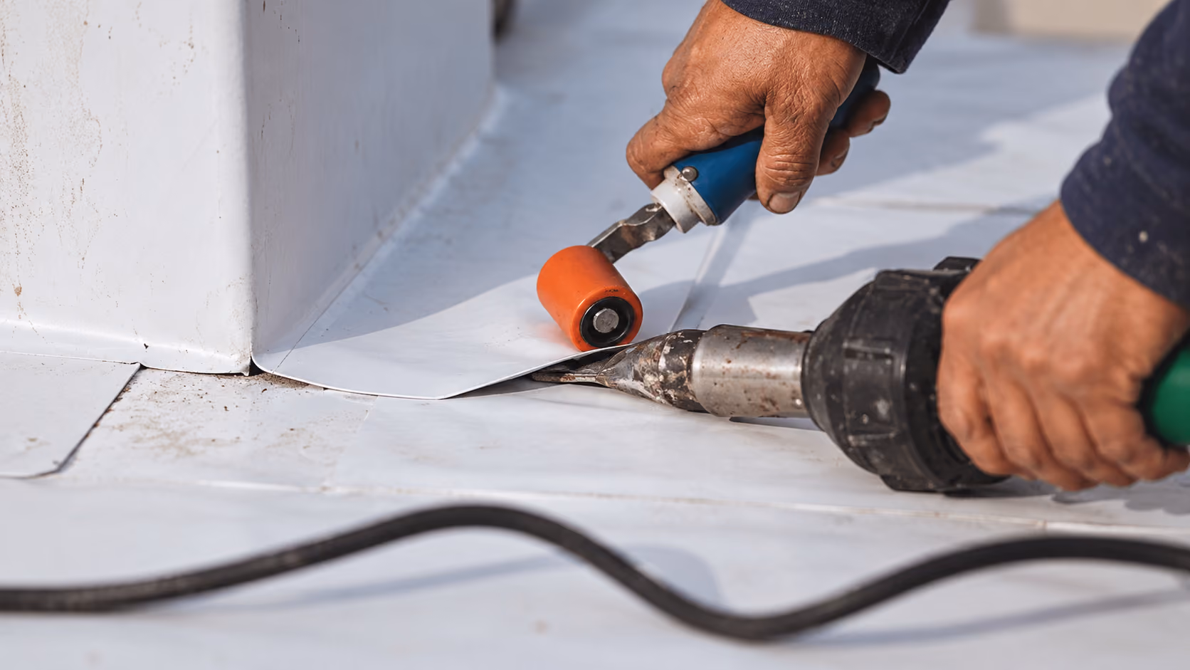 Roofer heat-welding and rolling a TPO membrane seam at a curb flashing