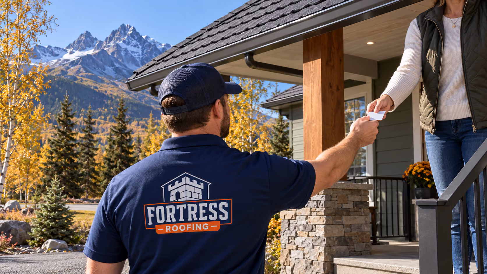 Fortress Roofing team member handing a card to a homeowner on her front steps, mountains behind