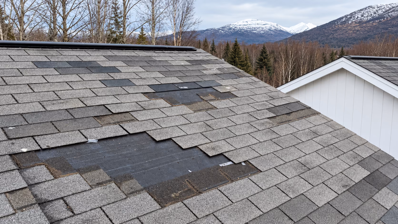 Asphalt shingle roof with patches of shingles torn off by wind, exposing underlayment, with snow-capped mountains behind