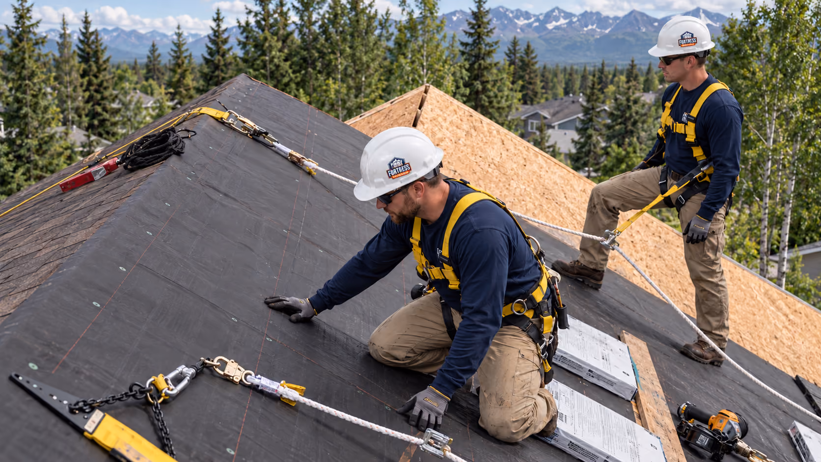 Fortress Roofing crew in fall-protection harnesses installing underlayment on a roof, Chugach Mountains behind