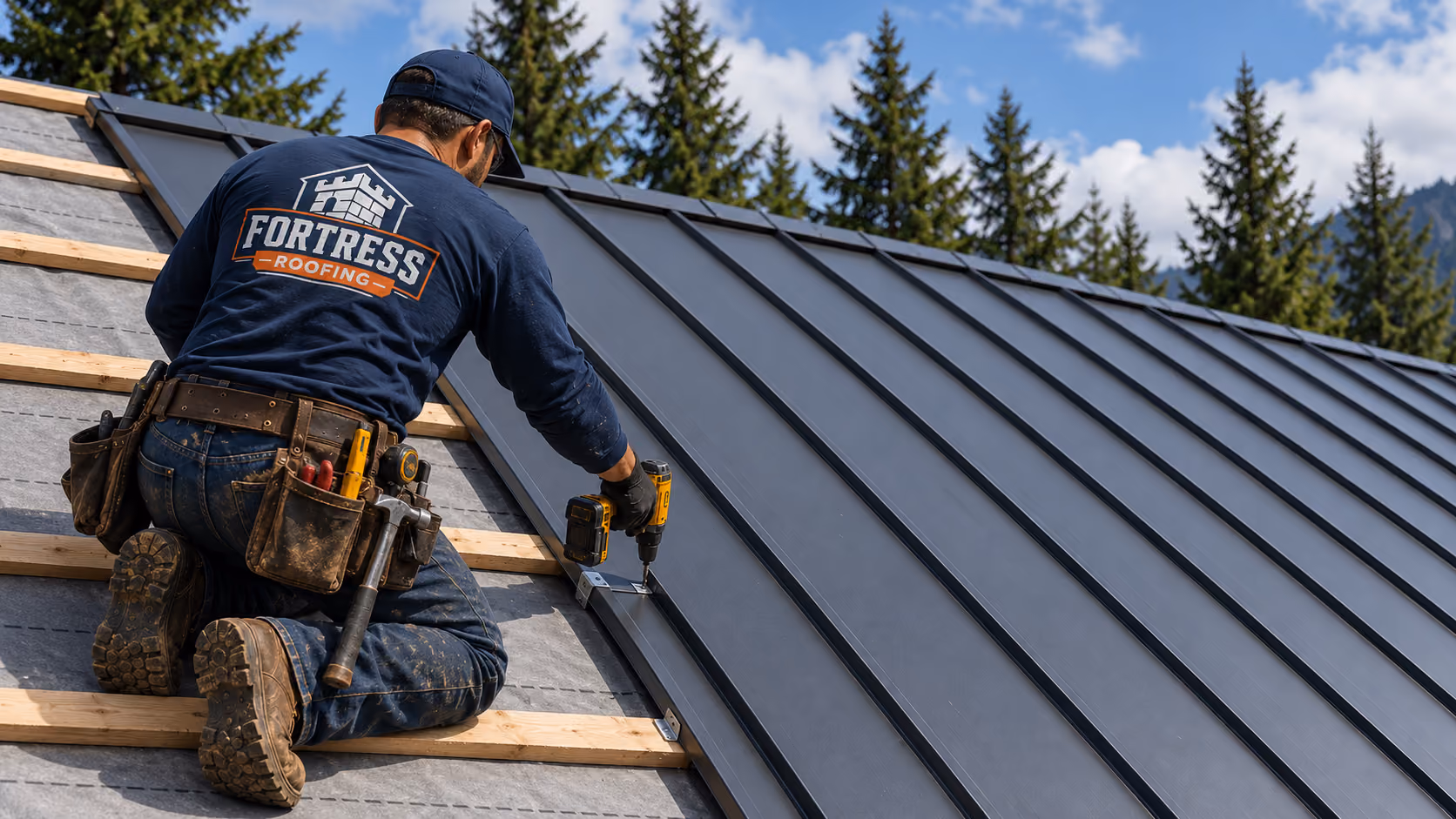 Fortress roofer fastening a standing seam panel clip over gray underlayment, new panels set beside him, Palmer