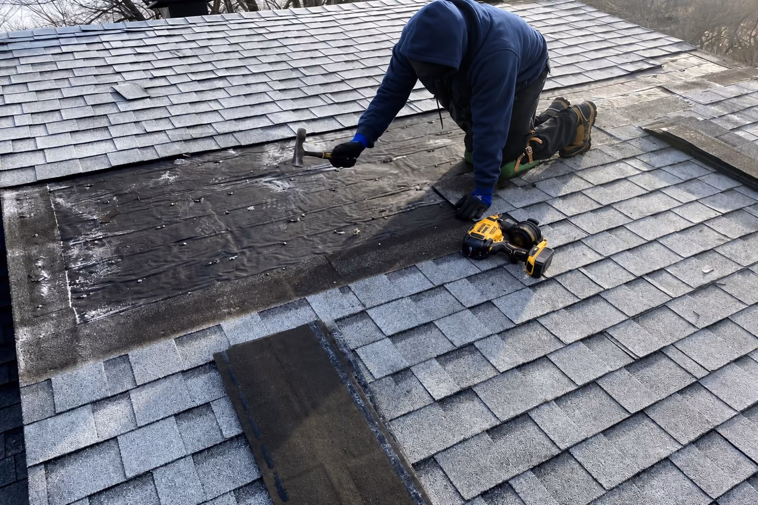 Roofer at a chimney, flashing repair, Anchorage