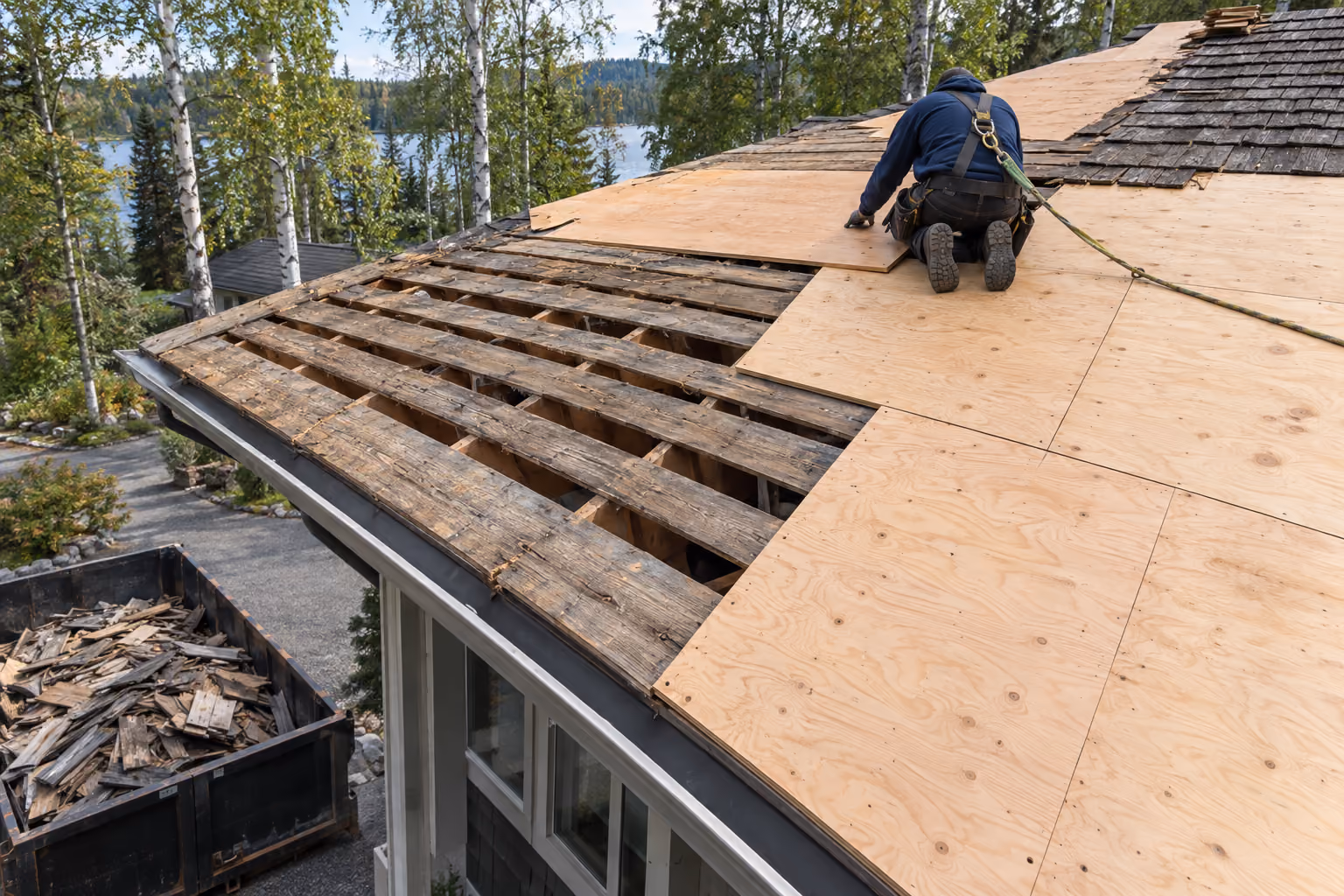 Cedar tear-off with skip sheathing exposed and solid sheathing going down, Eagle River