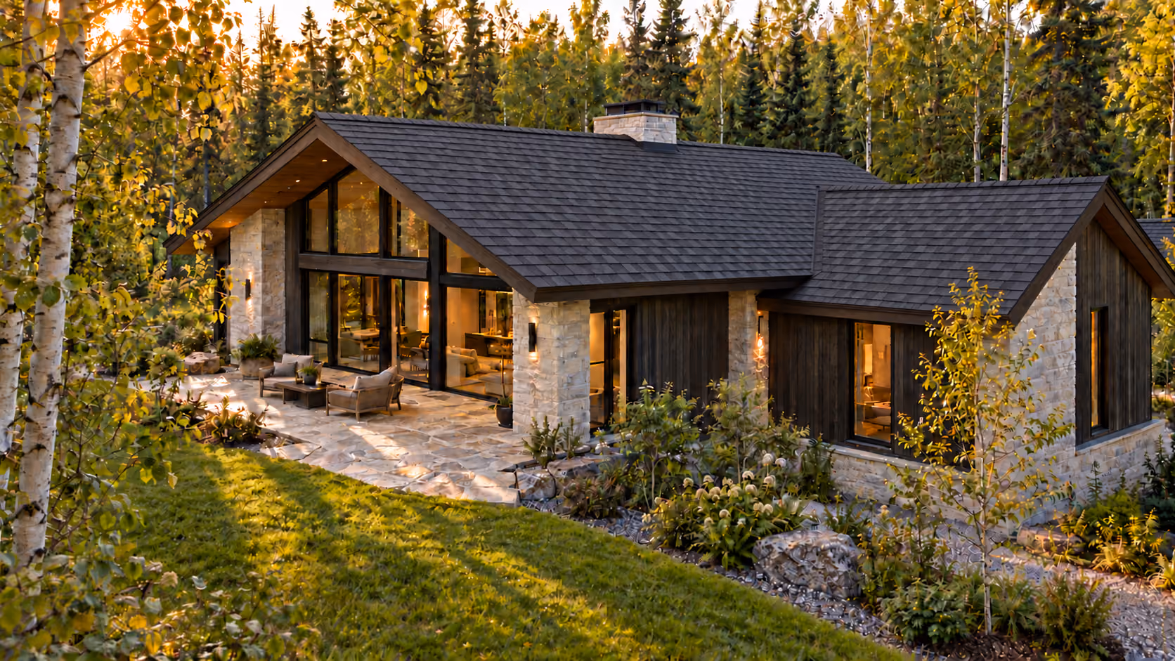 Stone and timber home with a dark shingle roof in the Wasilla birch at sunset