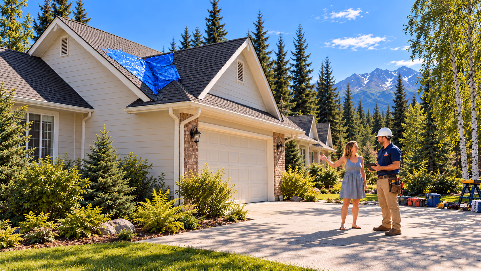 Fortress Roofing roofer with a tablet talking with a homeowner in her driveway, a blue tarp on the roof behind them