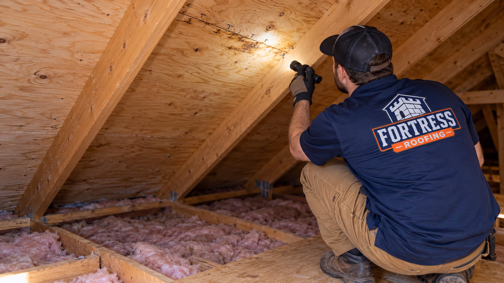 Fortress roofer checking attic sheathing with a flashlight