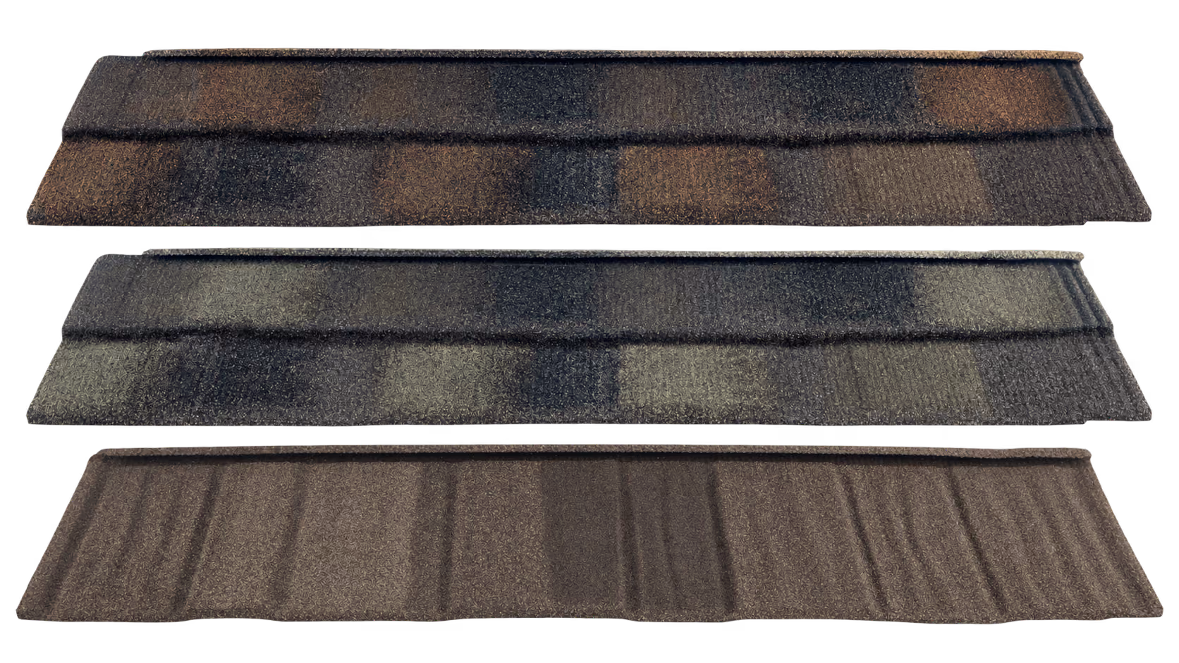 Three stone-coated steel panels in different granule finishes: a brown and charcoal blend, a green and charcoal blend, and a solid brown shake