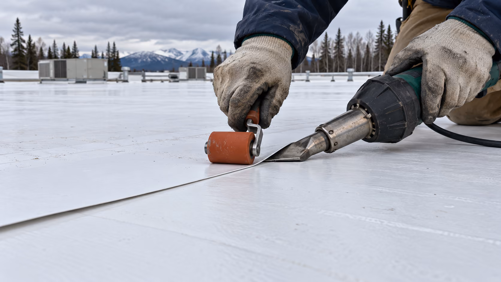 Gloved hands hot-air welding and rolling a white TPO seam on a flat roof, mountains behind