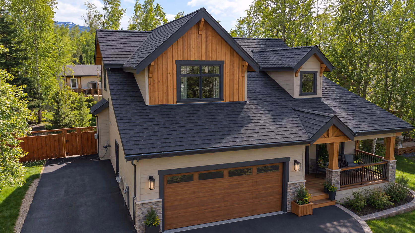 Two-story Eagle River home with a dark shingle roof, cedar gable, and covered porch