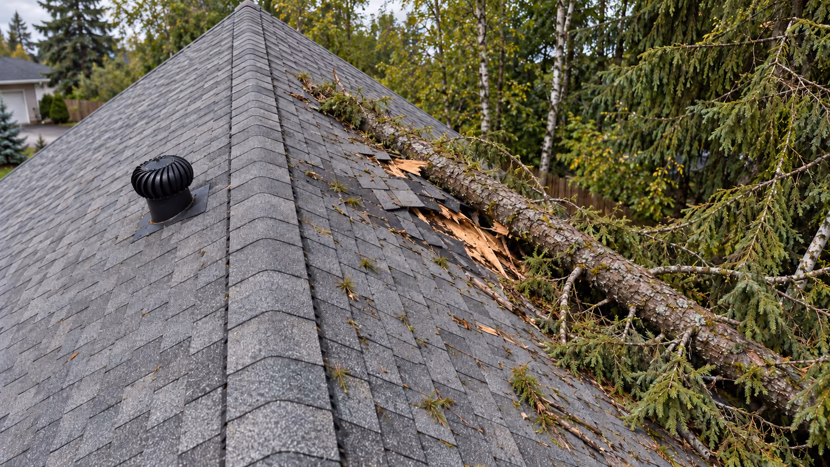 Spruce trunk lying across a shingle roof with shattered shingles and decking beneath it