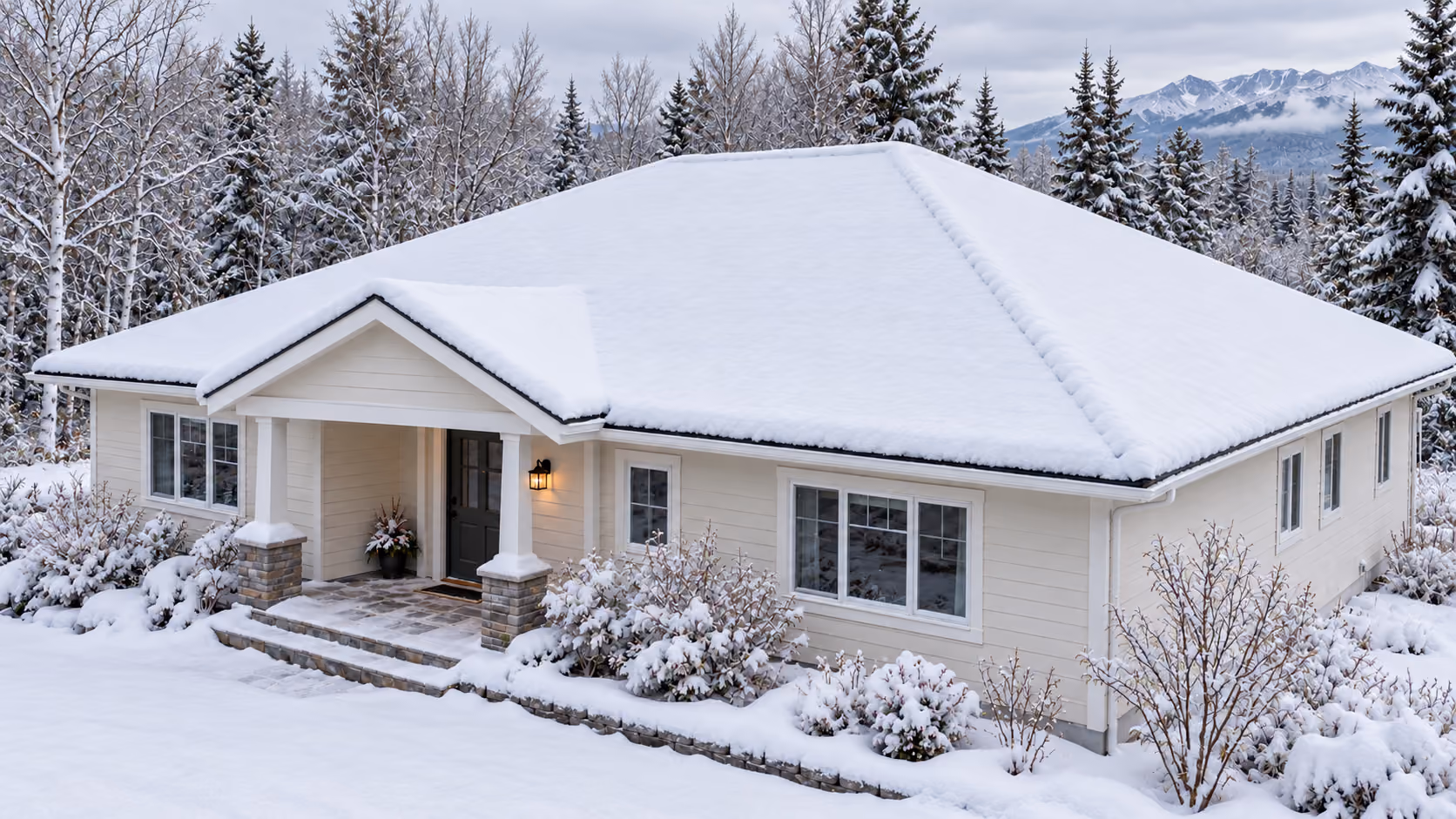 Single-story home with a heavy snow load on its hip roof, spruce and birch around it, mountains behind