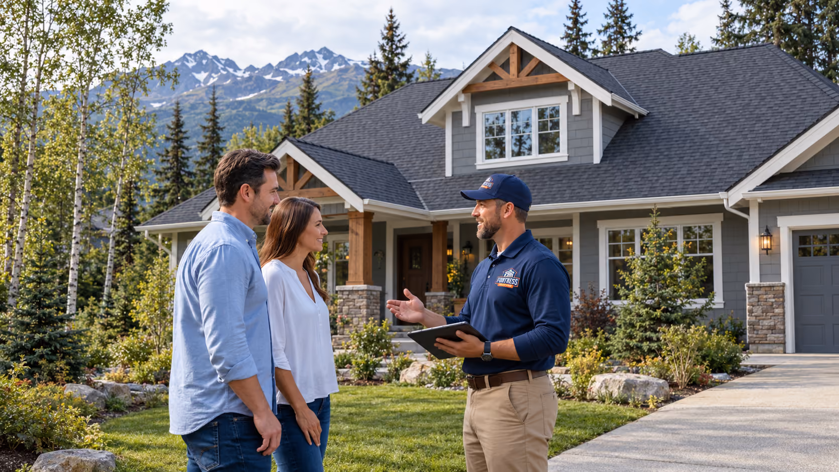 Fortress Roofing roofer talking with a couple in front of their home, mountains behind