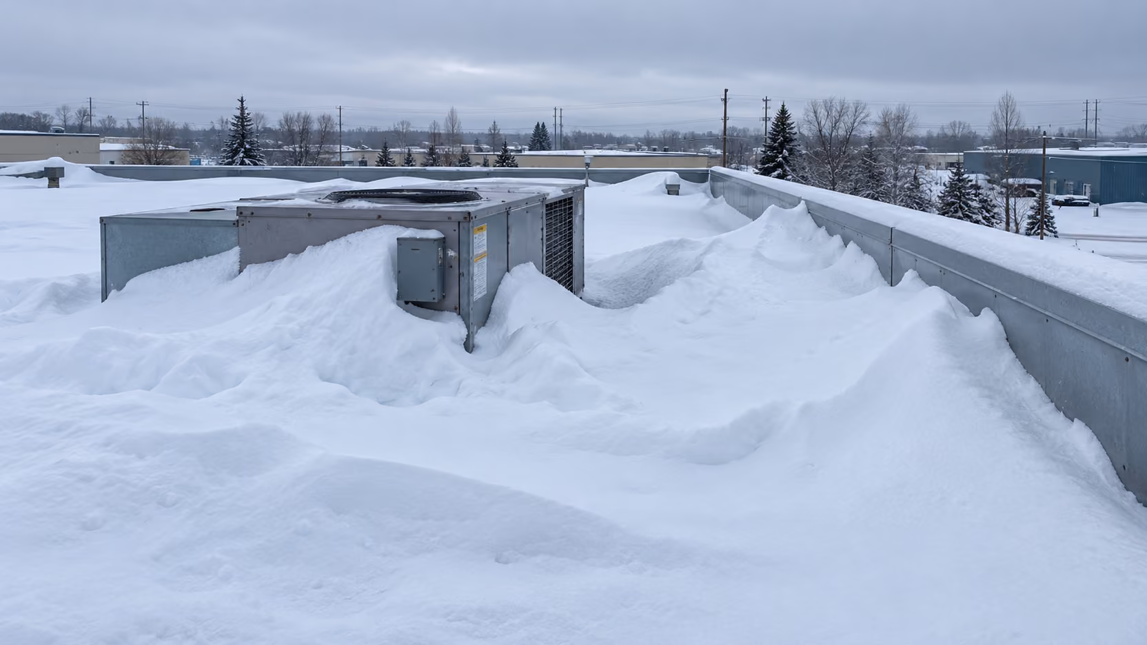 Deep snow drifted against a parapet and rooftop HVAC unit on a flat commercial roof, Anchorage