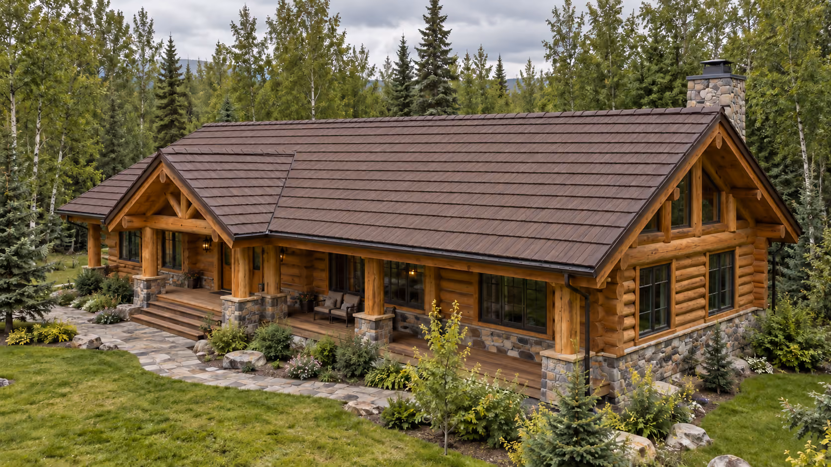 Log home with a brown stone-coated steel shake roof, covered porch, and stone walkway among spruce and birch