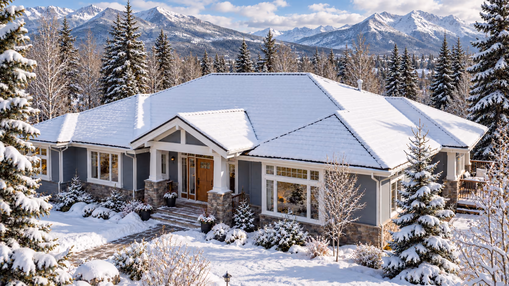 Snow-covered single-story home in Eagle River with the Chugach Mountains behind
