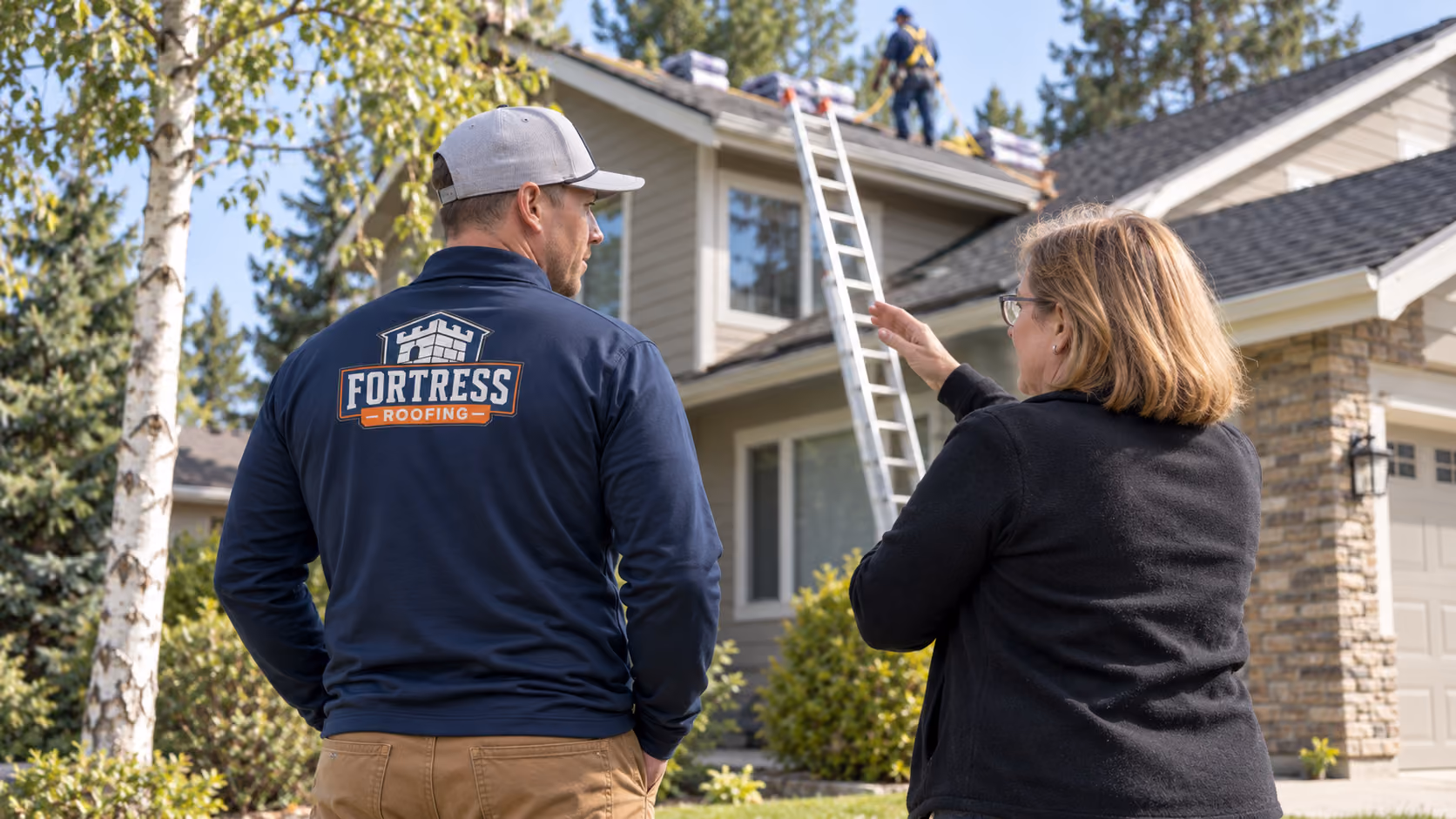 Fortress Roofing roofer talking with a homeowner in front of her house while a harnessed roofer works on the roof