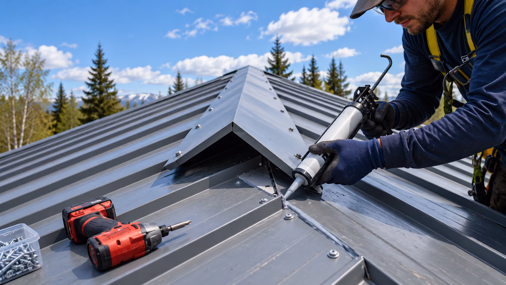 Roofer in a harness sealing a ridge cap seam on an exposed-fastener metal roof, drill and new screws beside him, Wasilla
