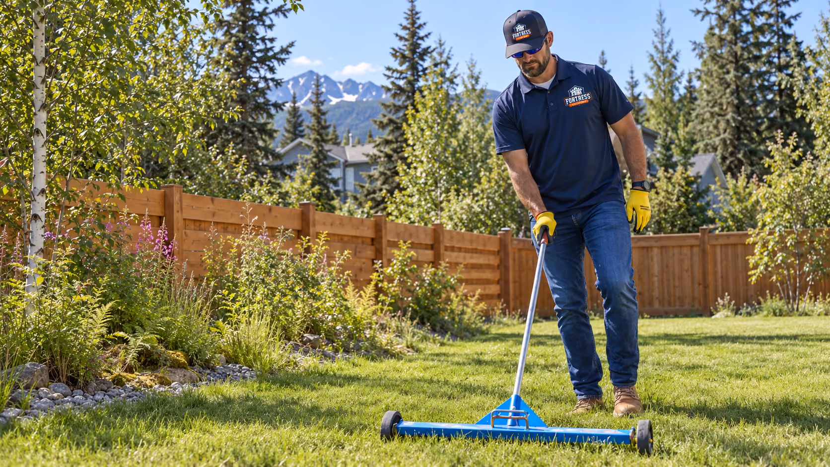 Fortress Roofing crew member running a magnetic nail sweeper across a backyard lawn, mountains behind