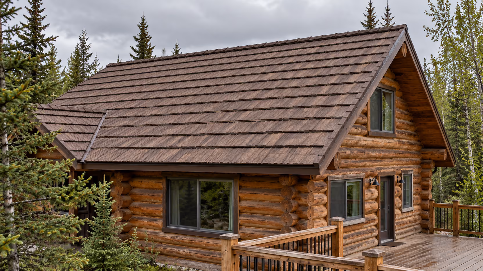 Log home with a brown stone-coated steel shake roof, spruce and birch around it, Lazy Mountain