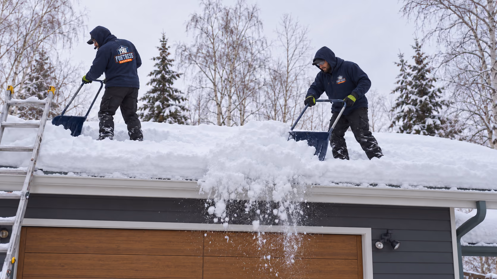 Two Fortress roofers shoveling heavy snow off a garage roof, Wasilla