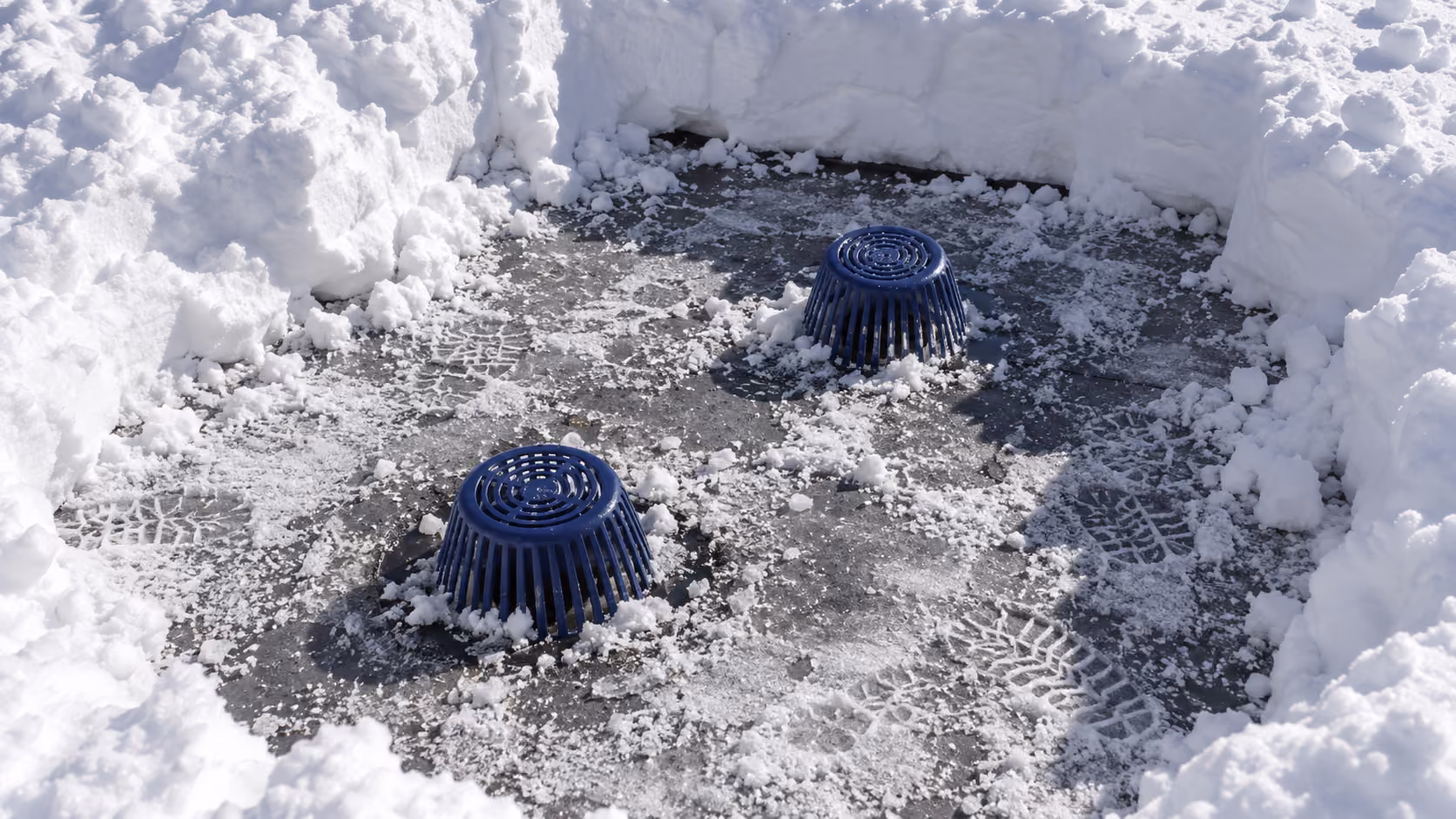 Two roof drains dug out of deep snow on a flat roof, ice and boot prints around them