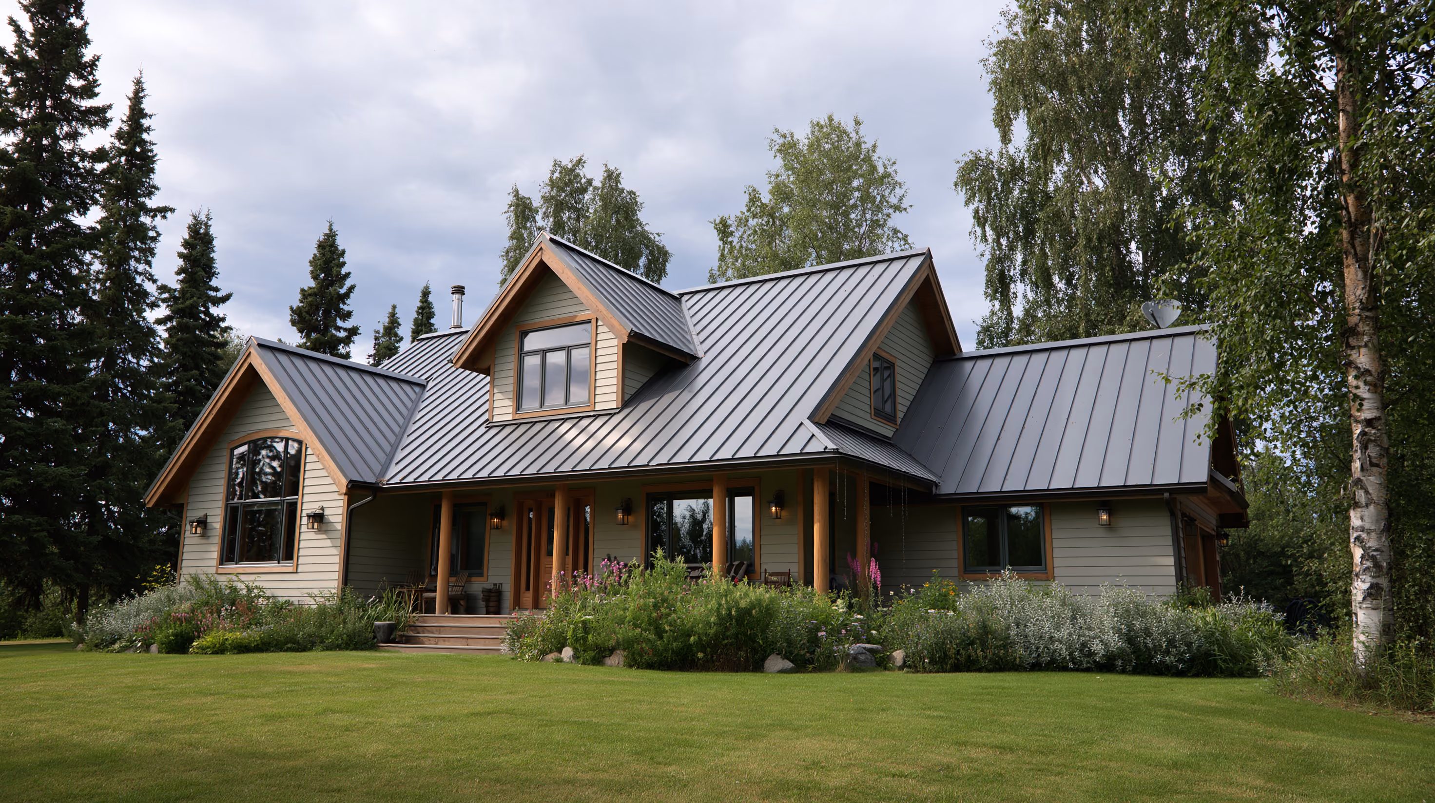 Home with a gray standing seam metal roof, dormers and a covered porch, spruce and birch around it