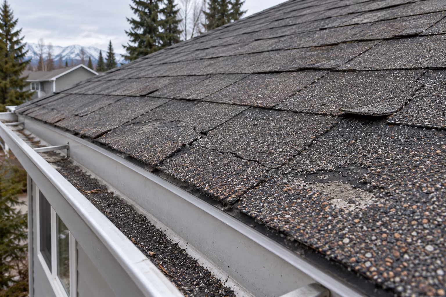 Worn asphalt roof, granule loss visible