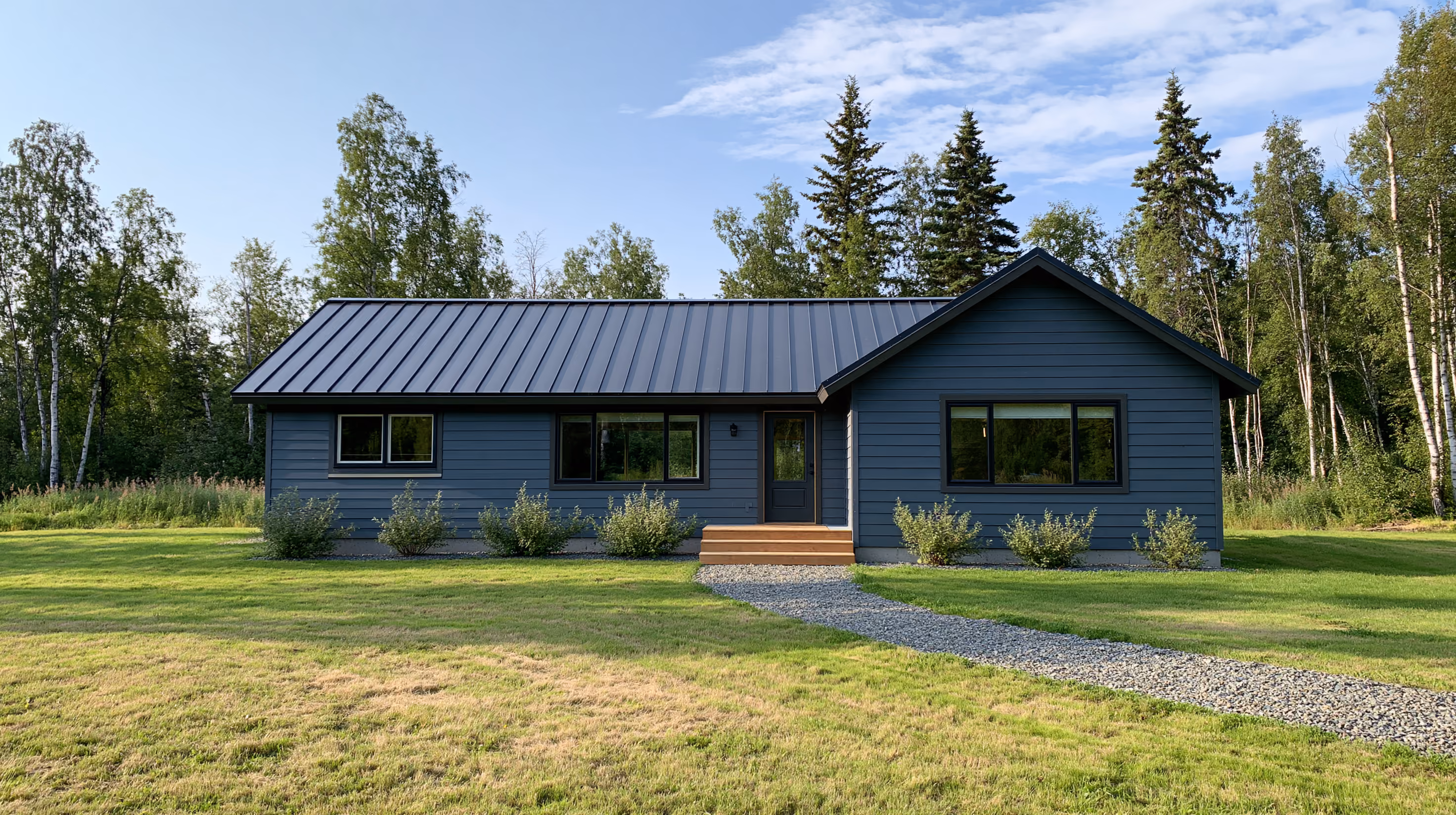 Single-story home with a black standing seam metal roof near Big Lake, Alaska