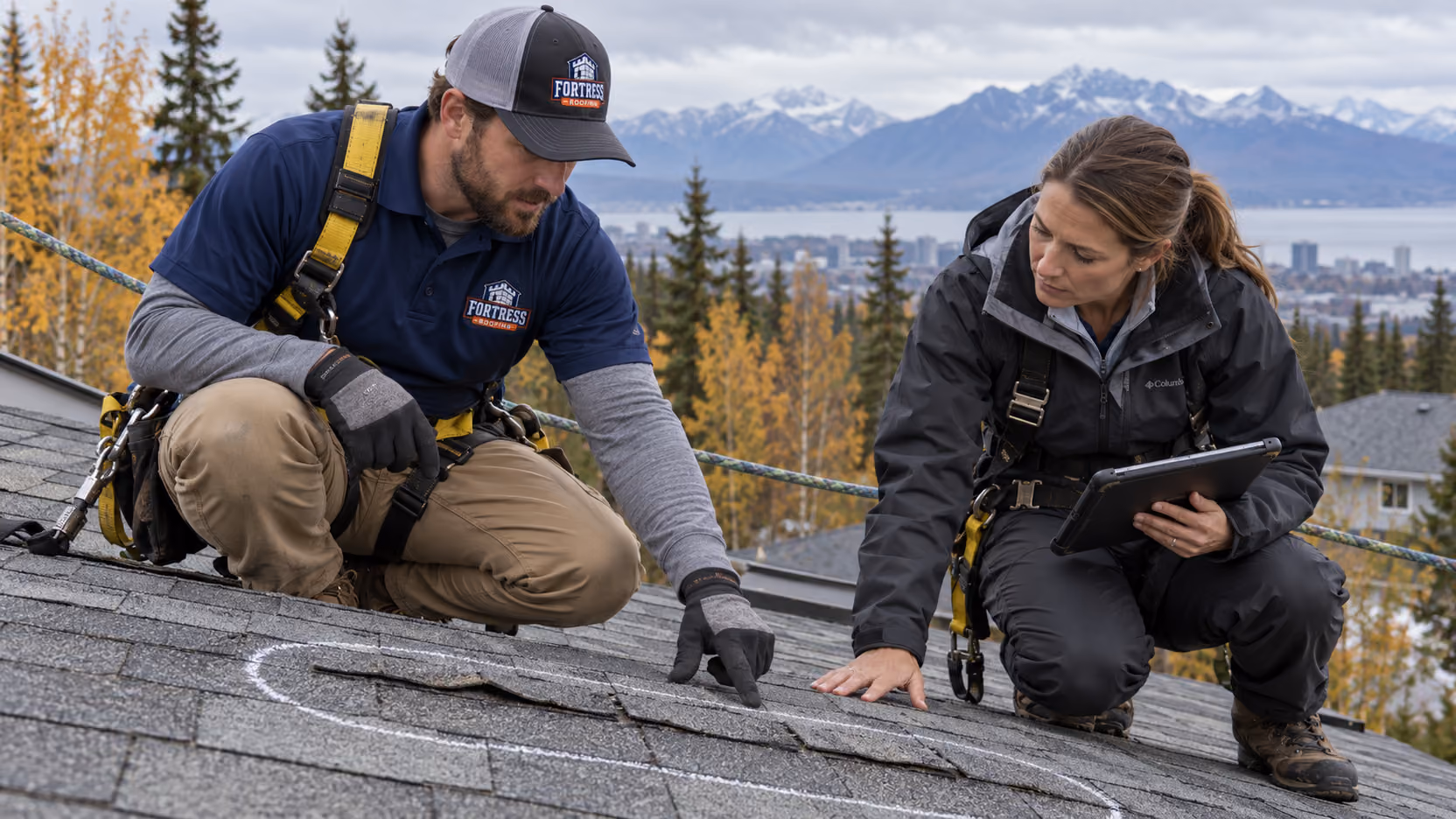 Fortress roofer pointing out chalk-circled wind damage on shingles to an insurance adjuster, Anchorage