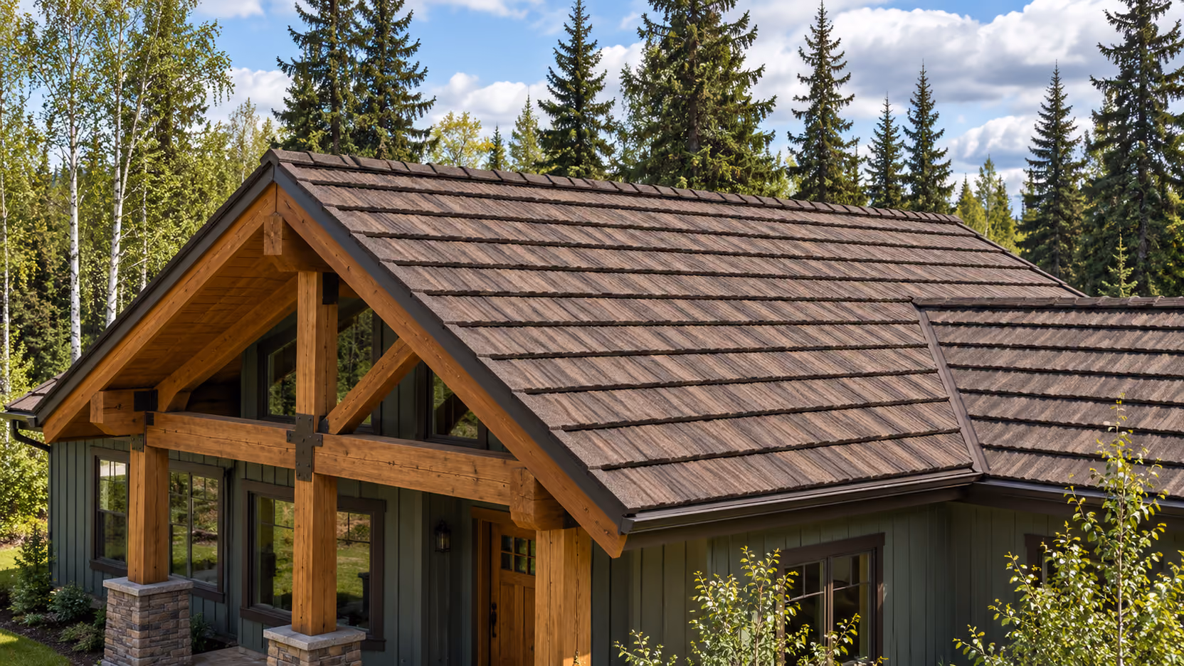 Timber-frame home with a brown stone-coated steel shake roof, spruce and birch behind, Mat-Su Valley