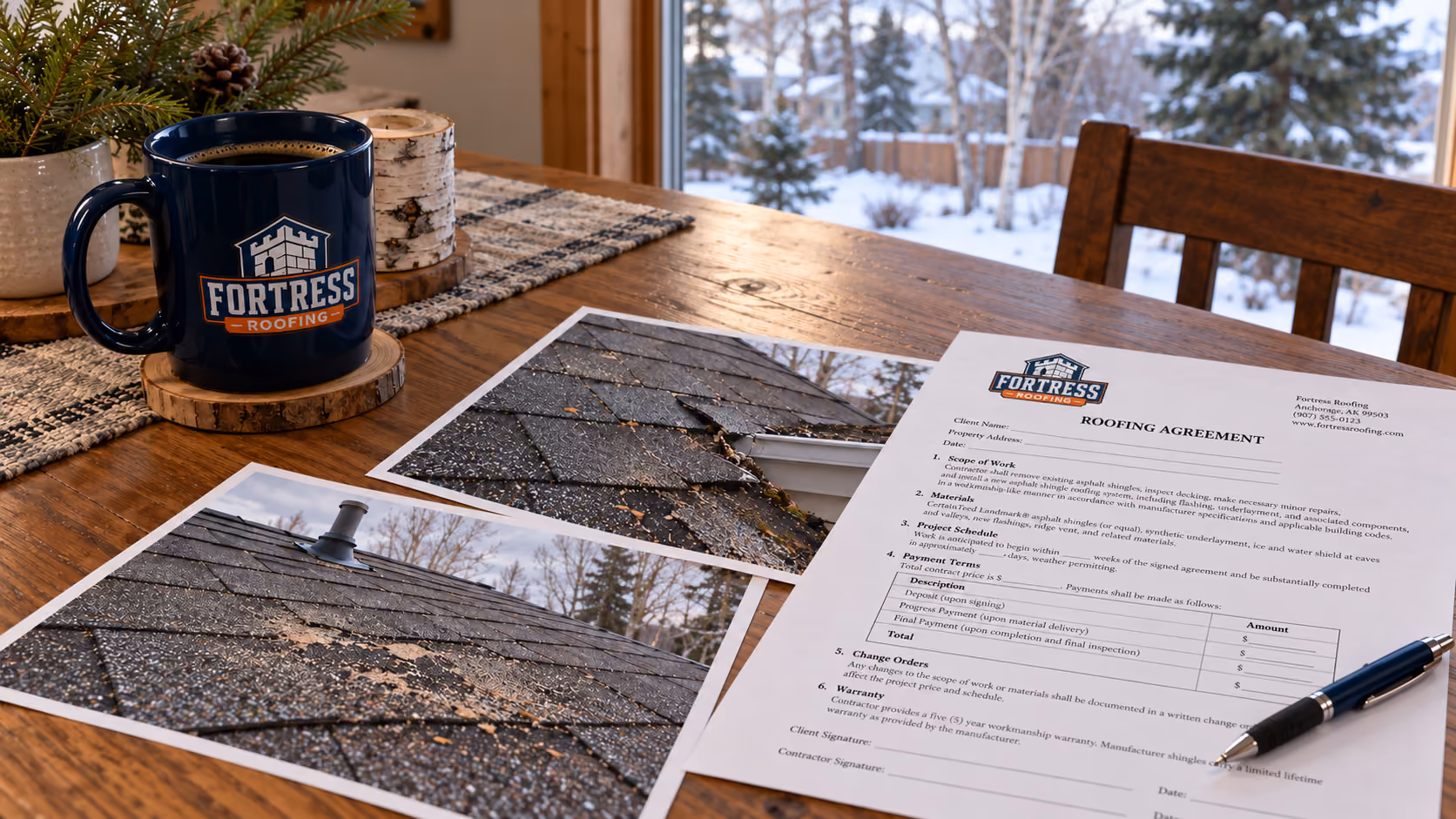 Printed roof damage photos and a written Fortress Roofing scope on a kitchen table, Palmer