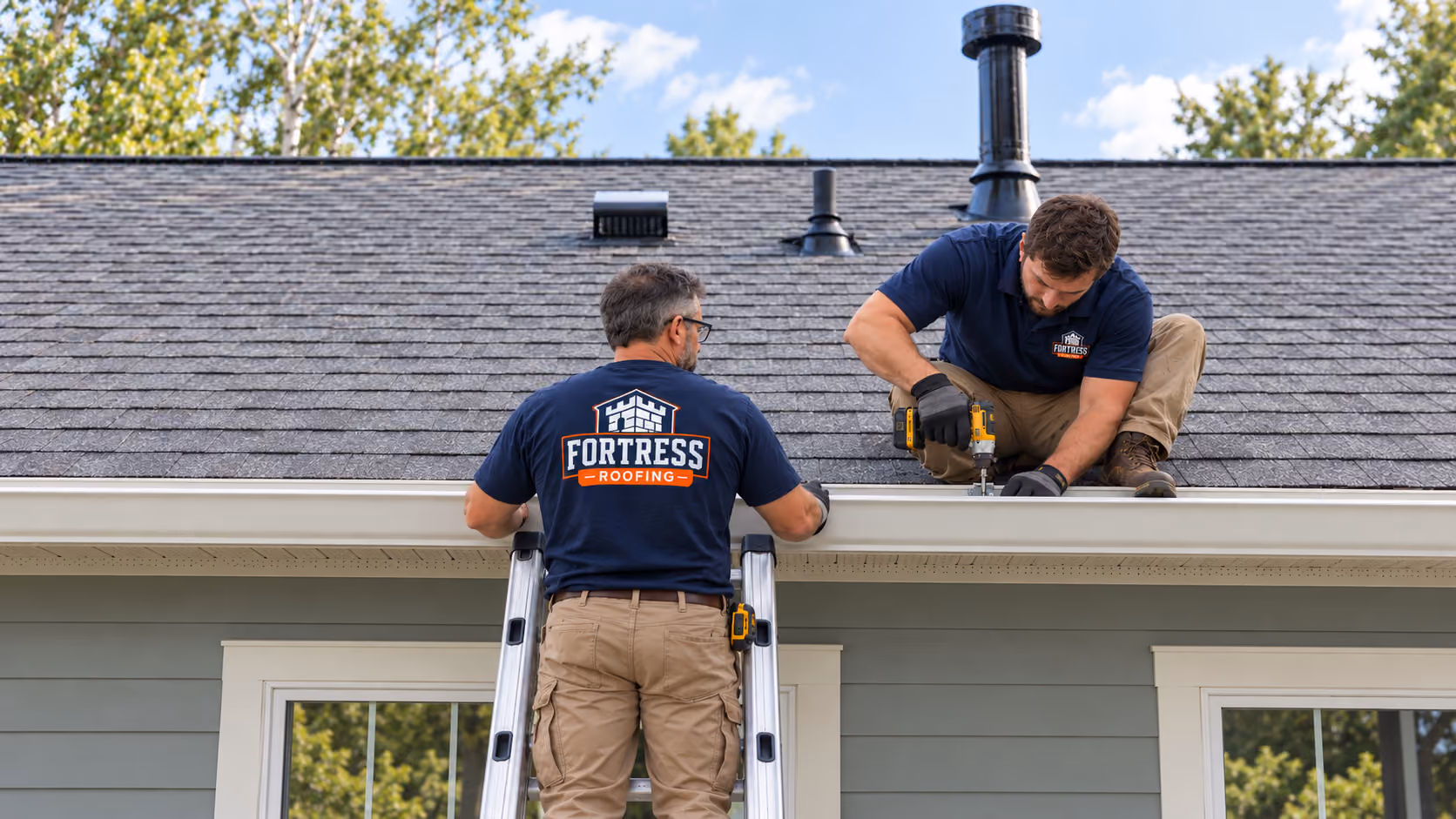 Two Fortress Roofing crew members installing a gutter along a shingle roof edge