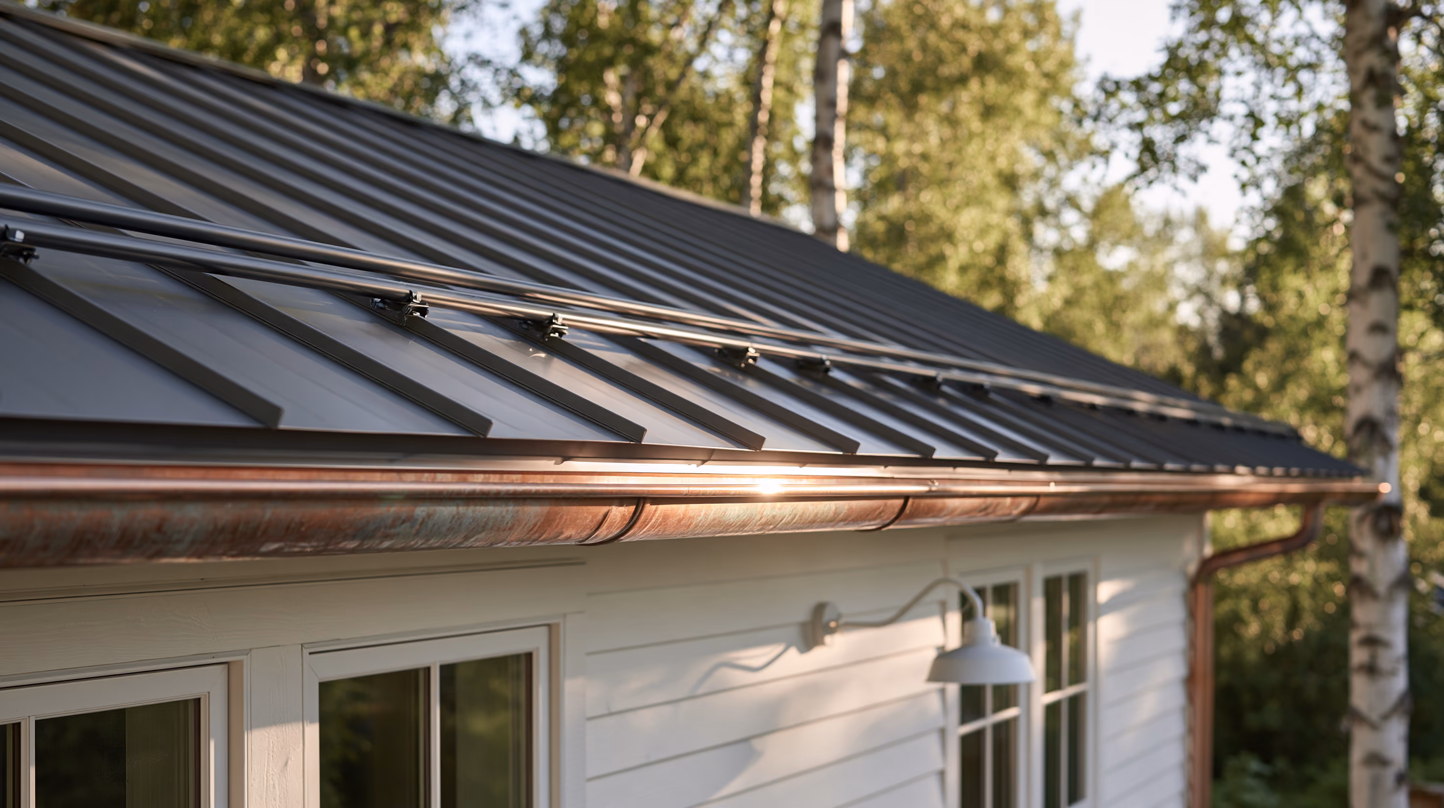 Clamp-on bar-style snow guards clamped to the seams of a standing seam roof above a copper gutter, Wasilla