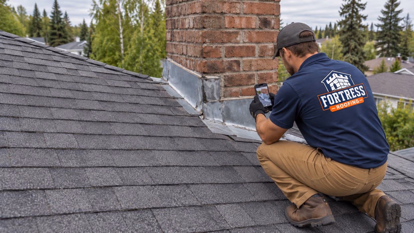 Fortress roofer photographing chimney flashing during a roof inspection