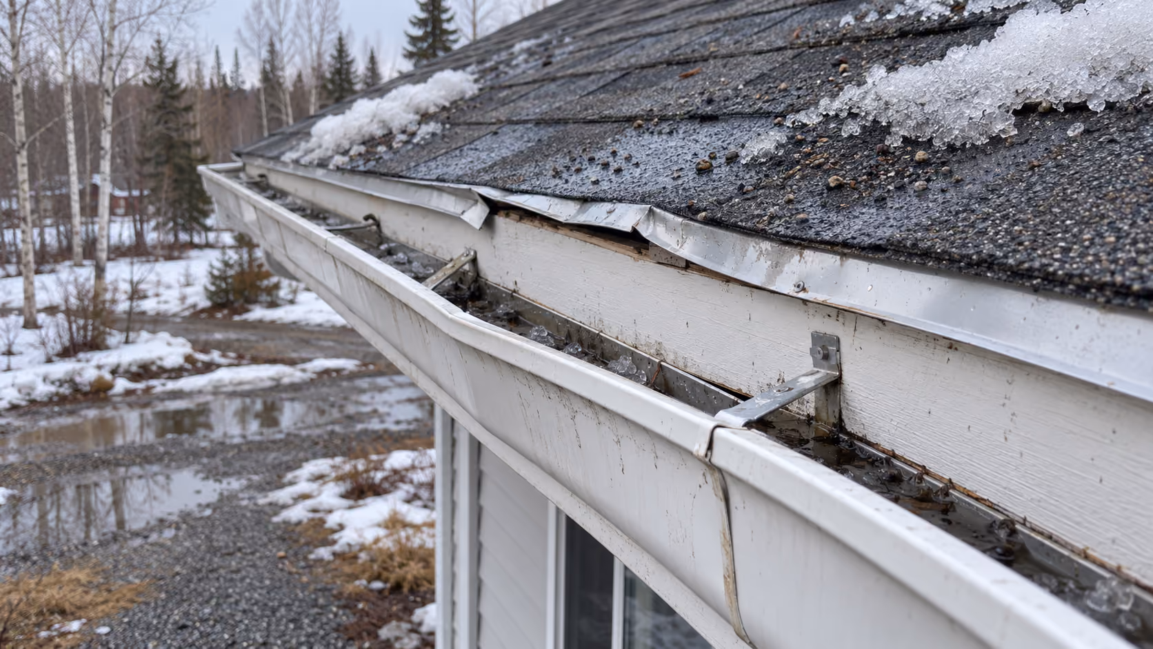 Gutter and drip edge bent away from the fascia by sliding snow in spring