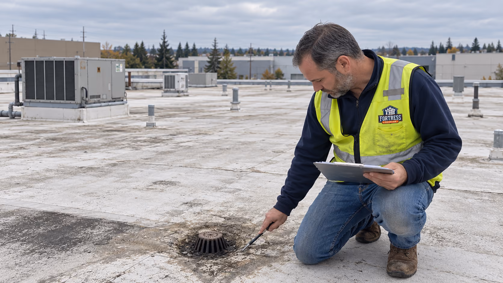Fortress Roofing roofer checking a roof drain on a flat commercial roof, clipboard in hand