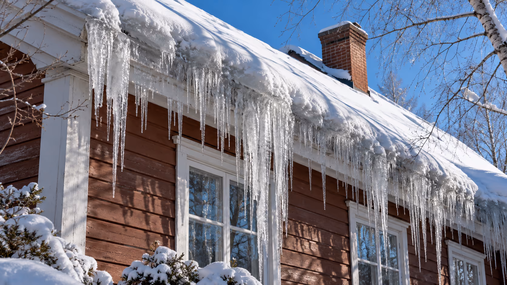 Ice dam and long icicles hanging from a snow-covered eave on a red wood-sided house