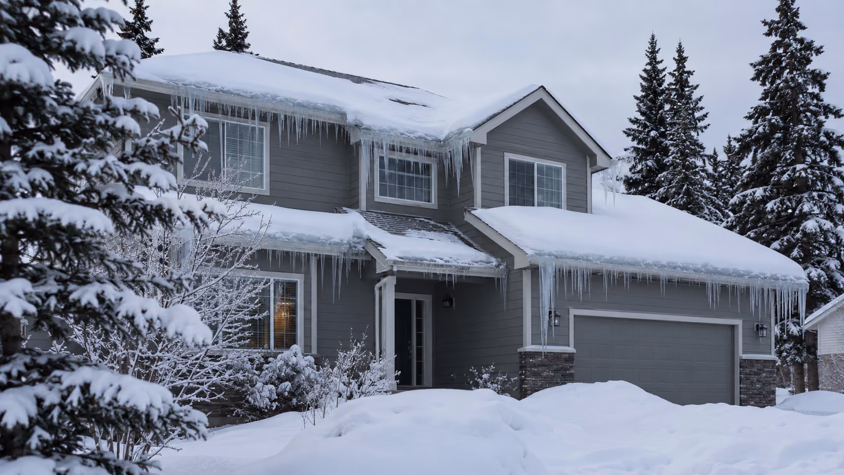 Snow-covered two-story house with ice dams and long icicles along the eaves, spruce trees around it