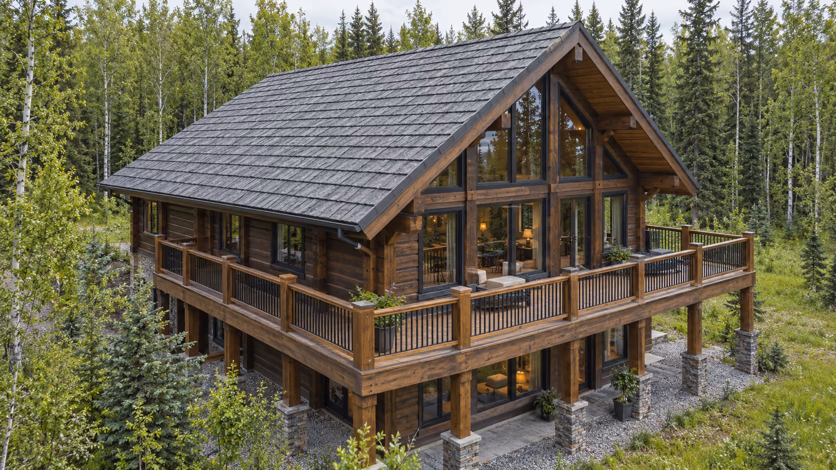 Timber home with a dark stone-coated steel roof in the Wasilla birch and spruce