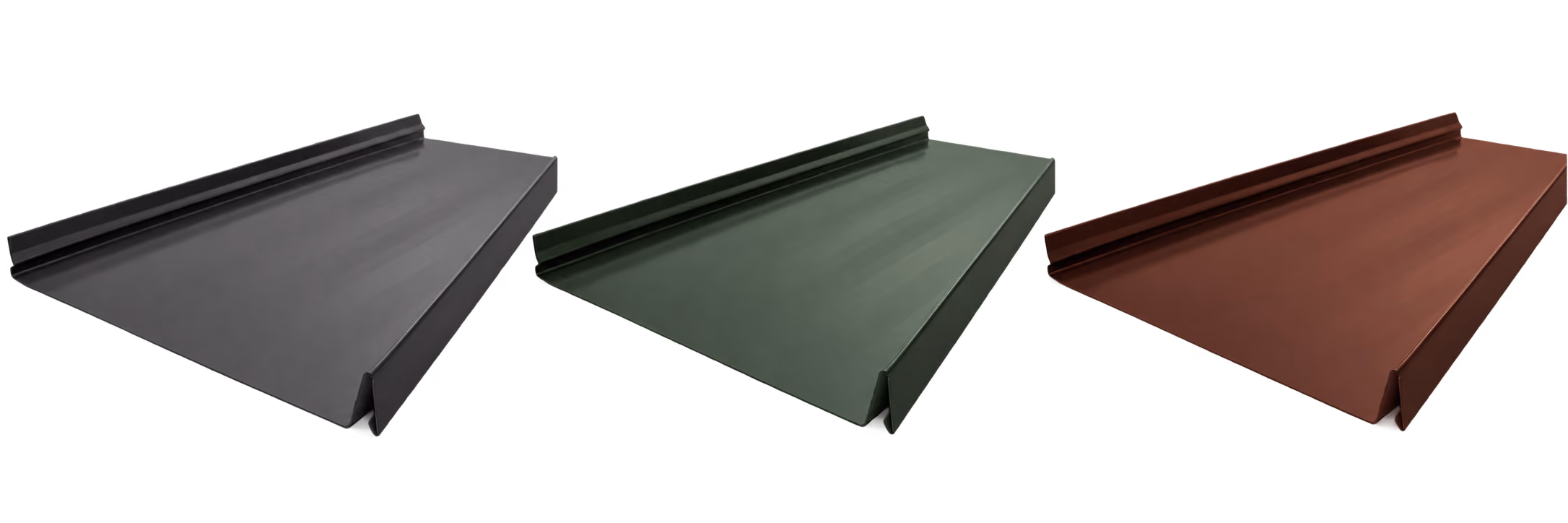Three standing seam steel panels in charcoal, forest green, and brown
